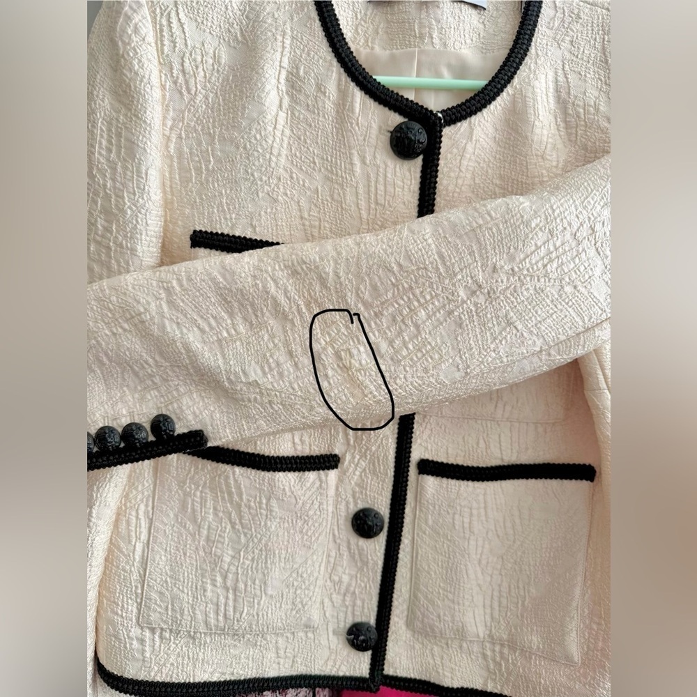 VERONICA BEARD | Darla Textured Ecru Cream Jacket Black Trim Size 6 - Picture 14 of 14